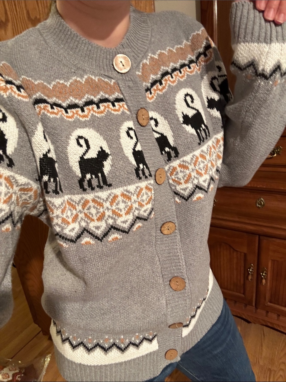 Gray Cat Fair Isle Button-Up Sweater Cardigan